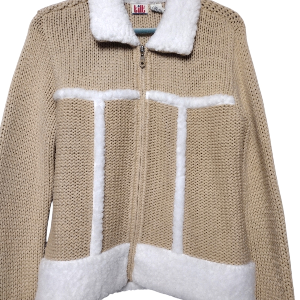 Tilt Vintage Y2K Beige Knit Jacket with White Sherpa Trim Soft Girl/Coquette - Picture 3 of 8